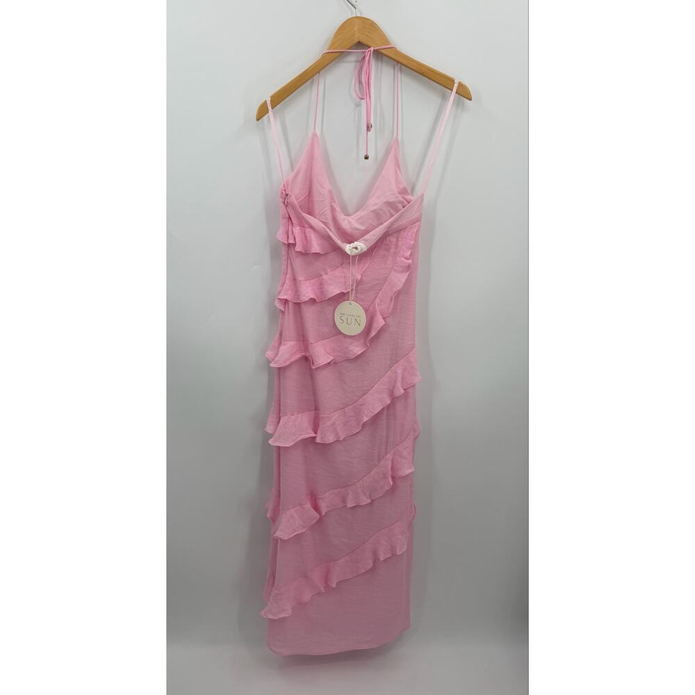 Here Comes The Sun Pink Ruffle Maxi Dress Cascading Ruffle Halter Neck Small NWT - Picture 4 of 8